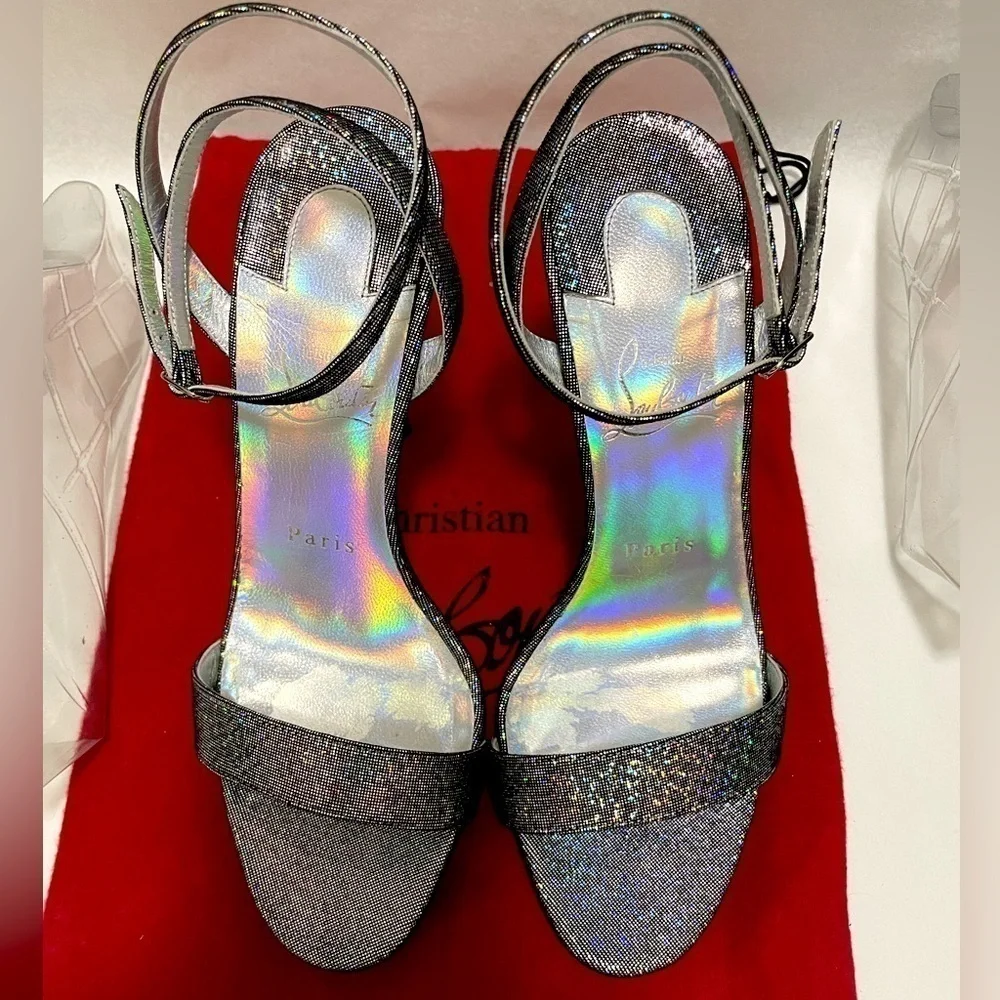 Christian Louboutin LoubiQueen  silver iridescent Glitter disco ball, 100mm EU38
